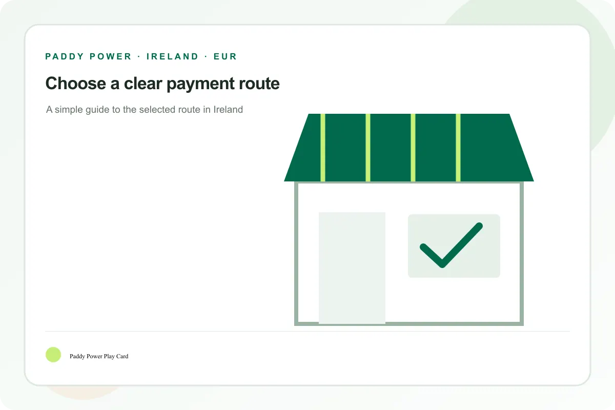 Paddy Power Play Card route illustration in a white and green Irish cashier