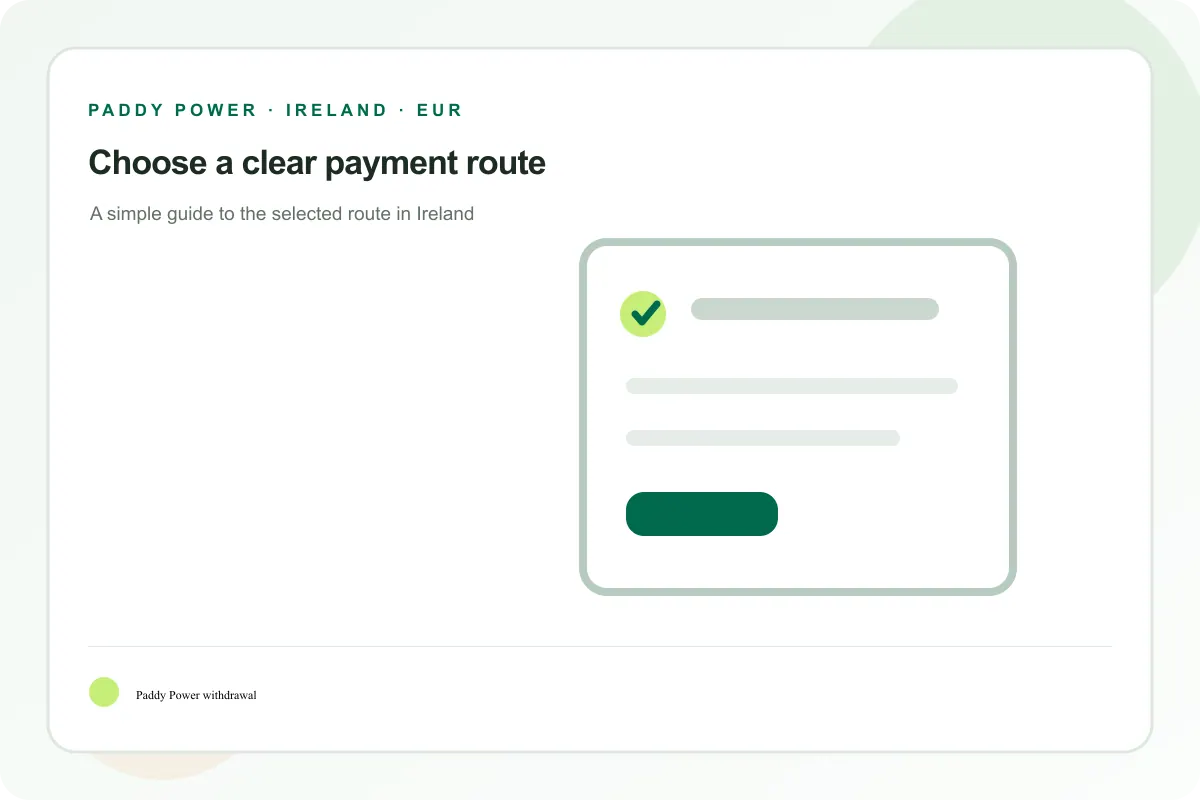Paddy Power withdrawal route illustration in a white and green Irish cashier