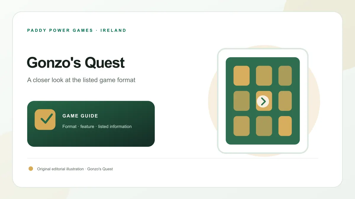 Original Gonzo's Quest guide artwork with stylised stone steps, an abstract gold mask shape and cascading square tiles
