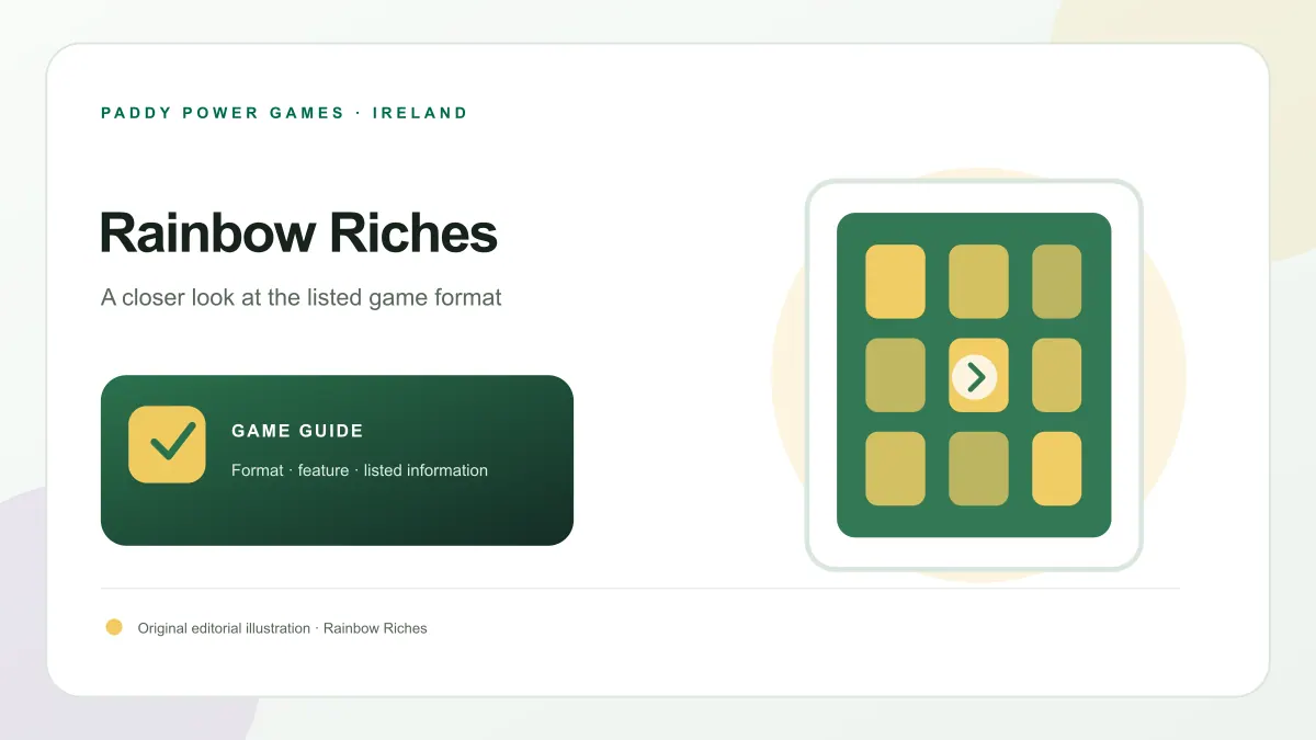 Original Rainbow Riches guide artwork with an original green landscape with a gold arc and three abstract feature tokens