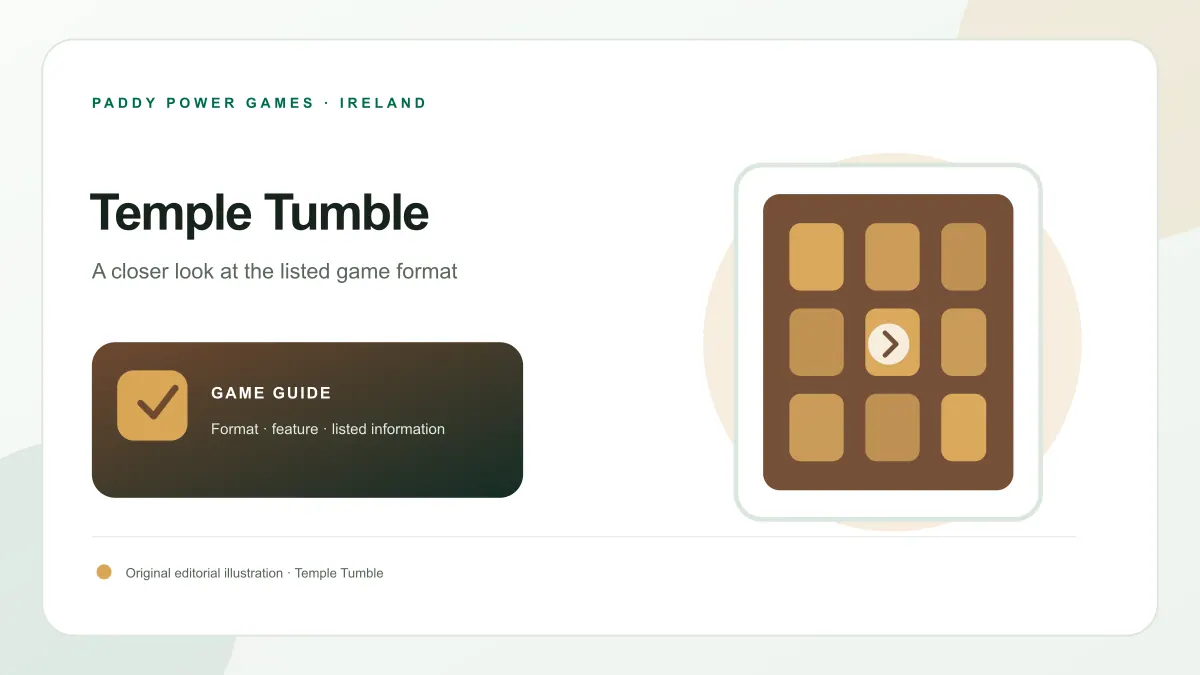 Original Temple Tumble guide artwork with abstract temple columns, stacked stone tiles and a warm green-gold glow
