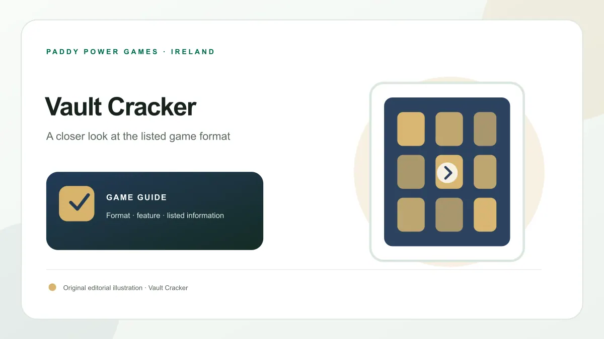 Original Vault Cracker guide artwork with an original geometric vault door, layered safe dial and three small gold cash markers